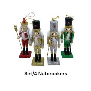 Set/4 Nutcracker Soldiers Ornaments Christmas Tree Crystal Wooden Multicolor New